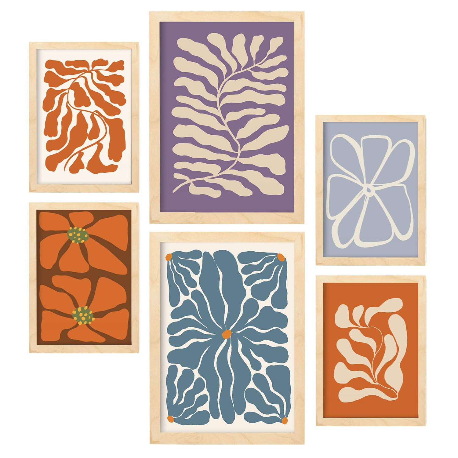 POSTER Set Mit 6 Matisse Inspiriert In Zusammenfassungen A3 & A4 Rahmen Aus Hellem Holz - Beige, Papier (29/3cm) - Nacnic