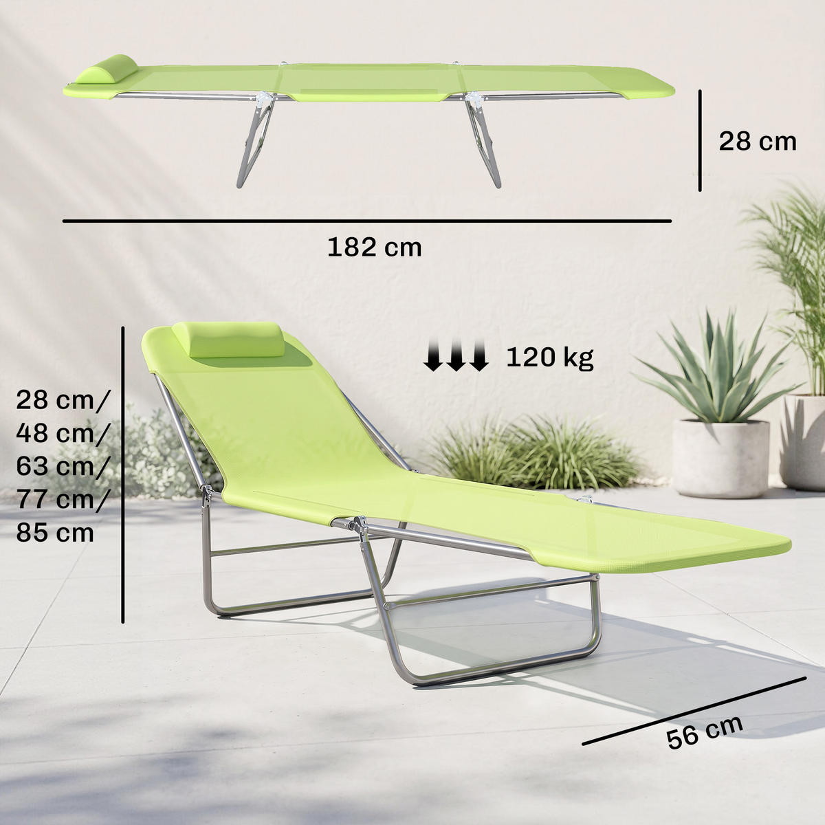 GARTENLIEGE mit Kopfkissen, Grün - Grün, Metall (56/28/182cm) - Outsunny