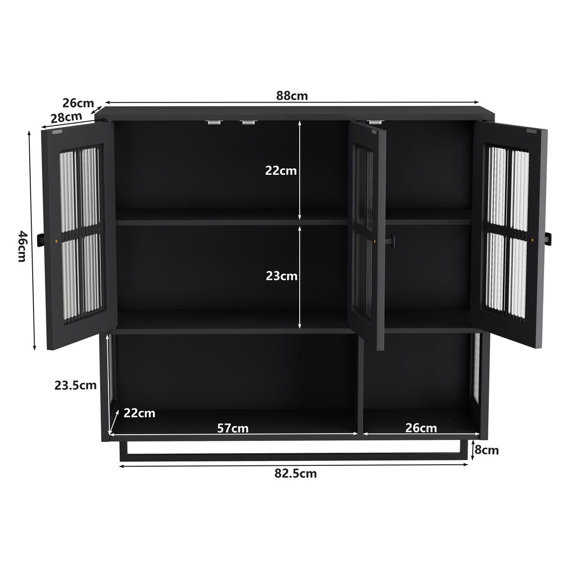 KÜCHENOBERSCHRANK 88x26x82.5 cm in Schwarz aus Sicherheitsglas mit geriffeltem Glas & Handtuchstange - Schwarz, Holzwerkstoff (88/82.5/26cm) - Modfu