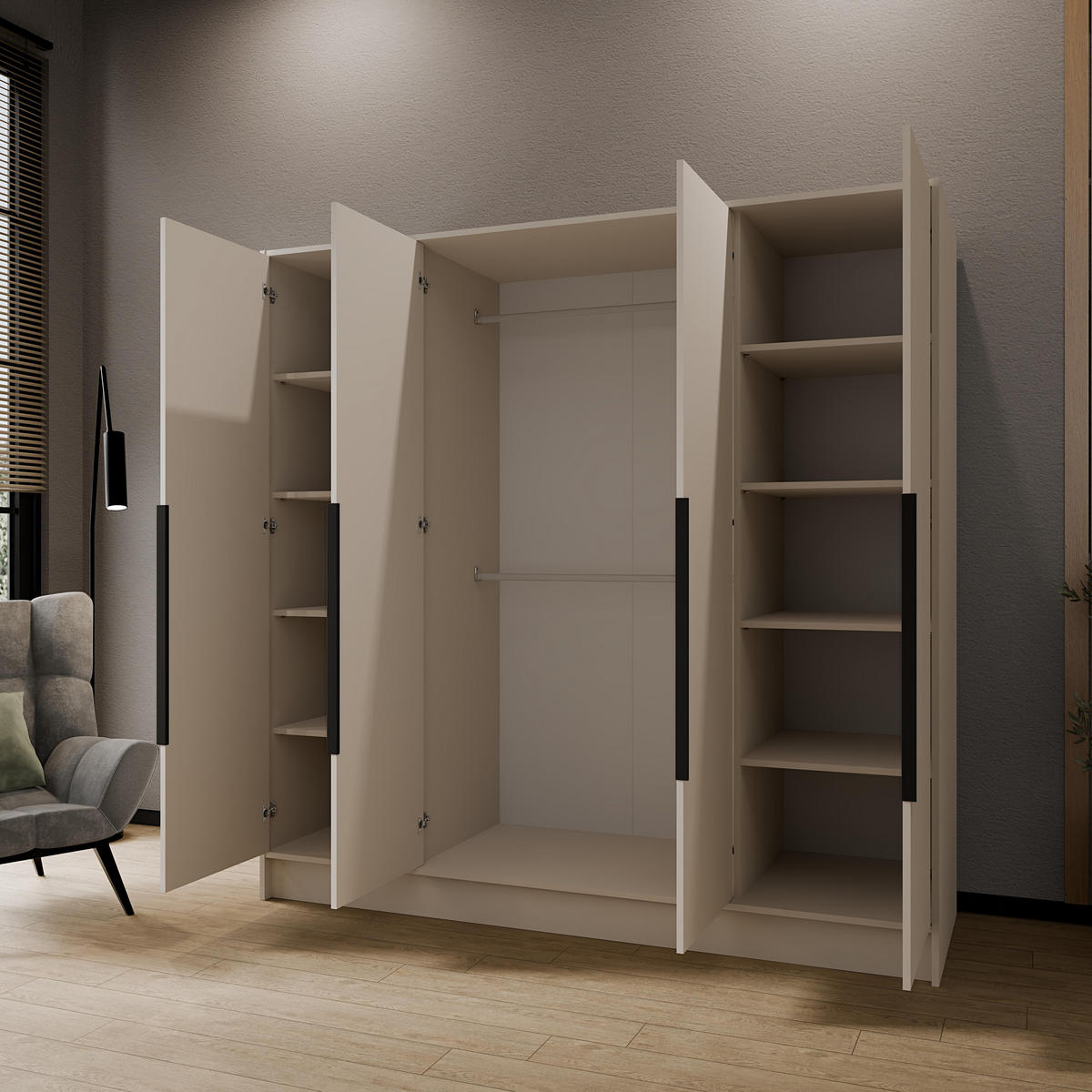 FLÜGELTÜRENSCHRANK PORTO - Kaschmir/Schwarz, Holzwerkstoff (200/200/51cm) - Meblini