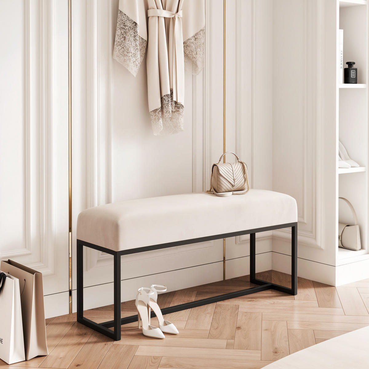 POLSTERBANK MUSE 90 cm Schwarz / Creme ,Metallgestell - Creme, Metall (90/47/30cm) - Idohome