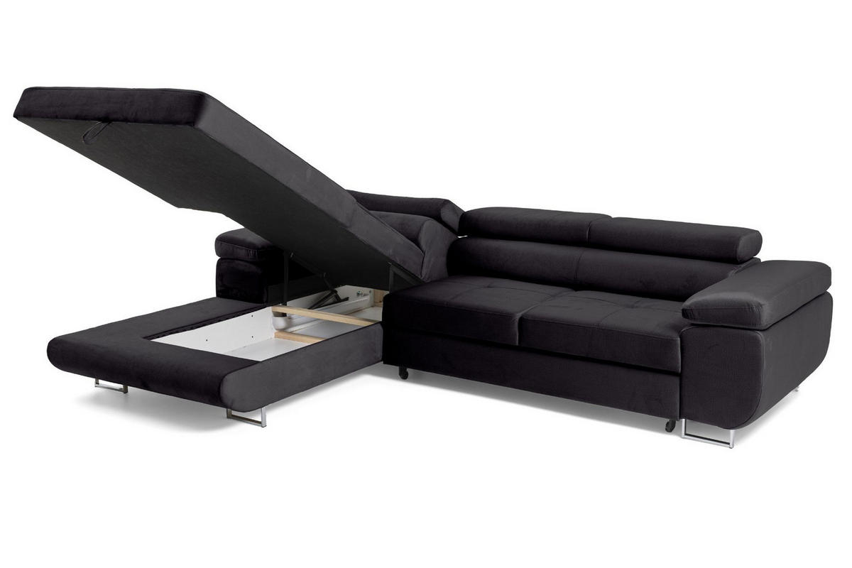 ECKSOFA ALONZO L Links mit Schlaffunktion 125x195 Velours Schwarz - Silberfarben/Schwarz, Holz/Textil (275/203cm) - Muffo