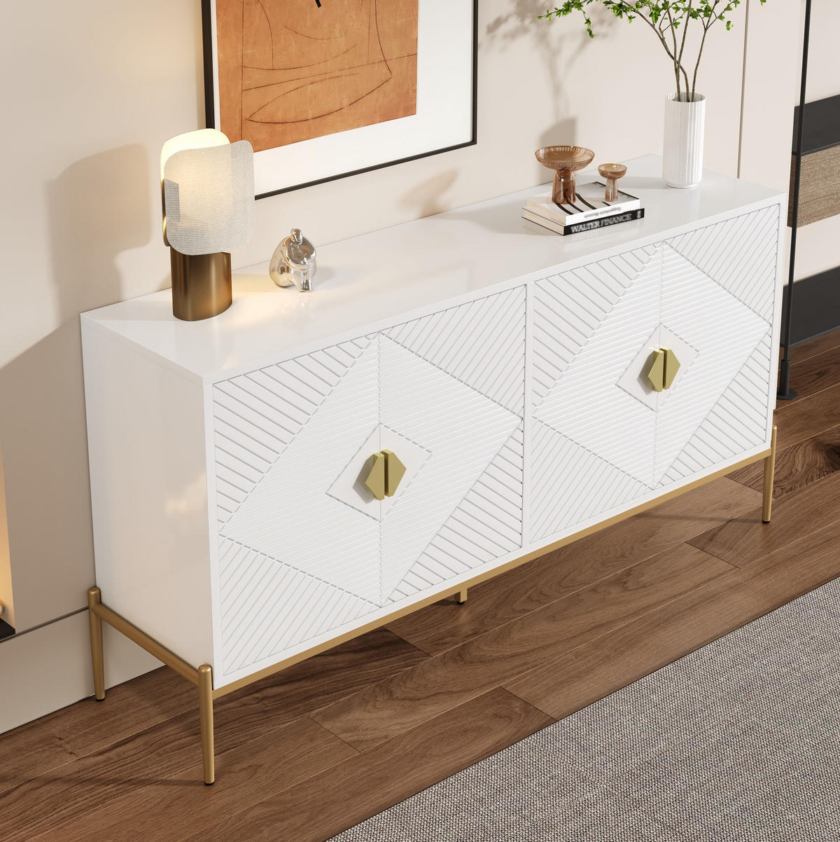 SIDEBOARD 162/40/80 cm, 4 Türen, Weiß mit geometrischem 3D-Muster, goldene Griffe und Metallbeine, Weiß - Weiß, Holzwerkstoff (162/80/40cm) - Redom