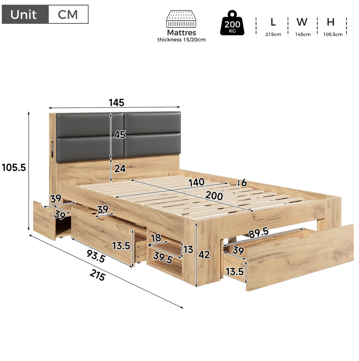 STAURAUMBETT aus MDF 140x200 cm Natur mit Schubladen, Nachtlicht, USB- und USB-C-Anschlüssen - Eichefarben, Holzwerkstoff (140/200cm) - Modfu