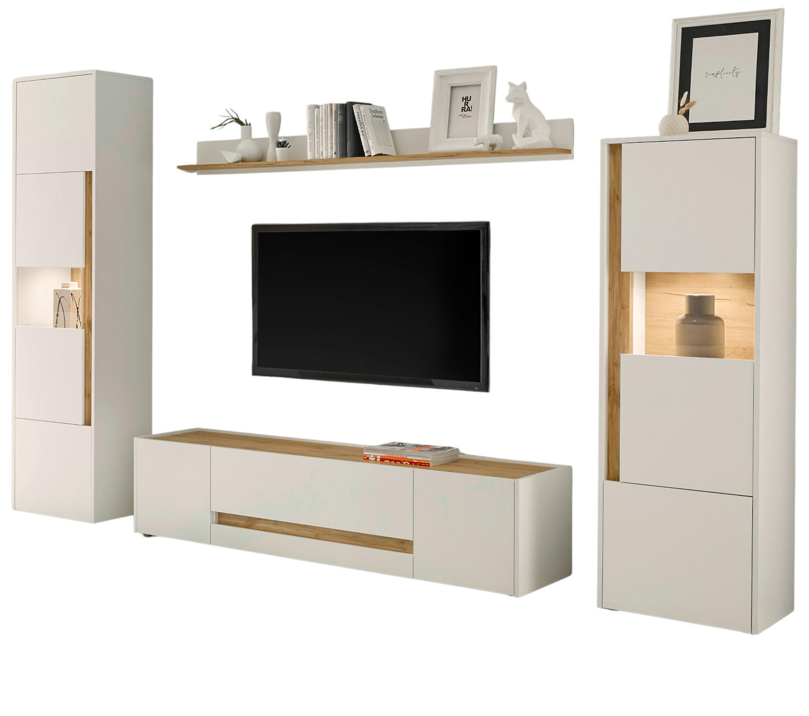 WOHNWAND weiß, Eiche Wotan 4-teilig 310 cm, Wohnkombination modern - Eiche Wotan/Schwarz, Glas/Holz (310/197/45cm) - Furn.Design