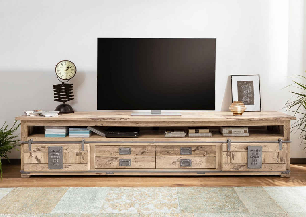 TV-BOARD Mango 260x50x60 whitewash lackiert RAILWAY #355 - Beige, Holz (260/60/50cm) - Massivmoebel24
