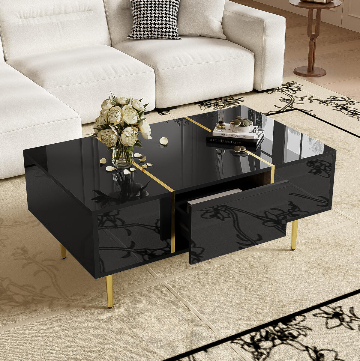 COUCHTISCH 100/60/41,5 cm in Schwarz Hochglanz mit 2 Schubladen - Schwarz, Holzwerkstoff (100/60/41.5cm) - Flora Grace