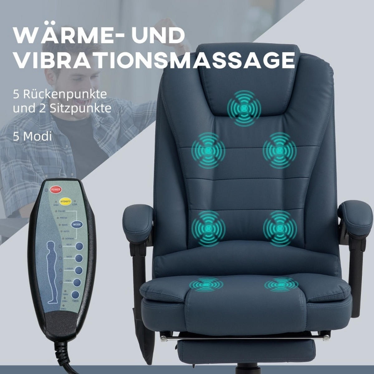 BÜROSESSEL mit Massagefunktion 67 x 67 x 111-121 cm Blau - Blau, Kunststoff (67/121/67cm) - Meubliv