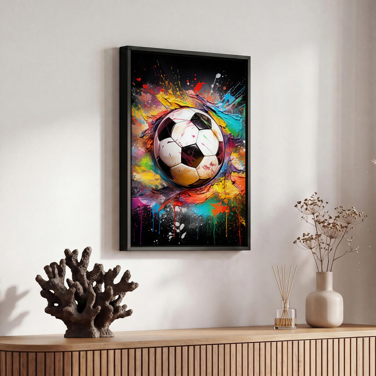 LEINWAND Bilder mit Rahmen - Fußball - Farbe - Farben - Schwarz - Weiß - 20x30 - Weiß, Textil (20/30cm) - MuchoWow