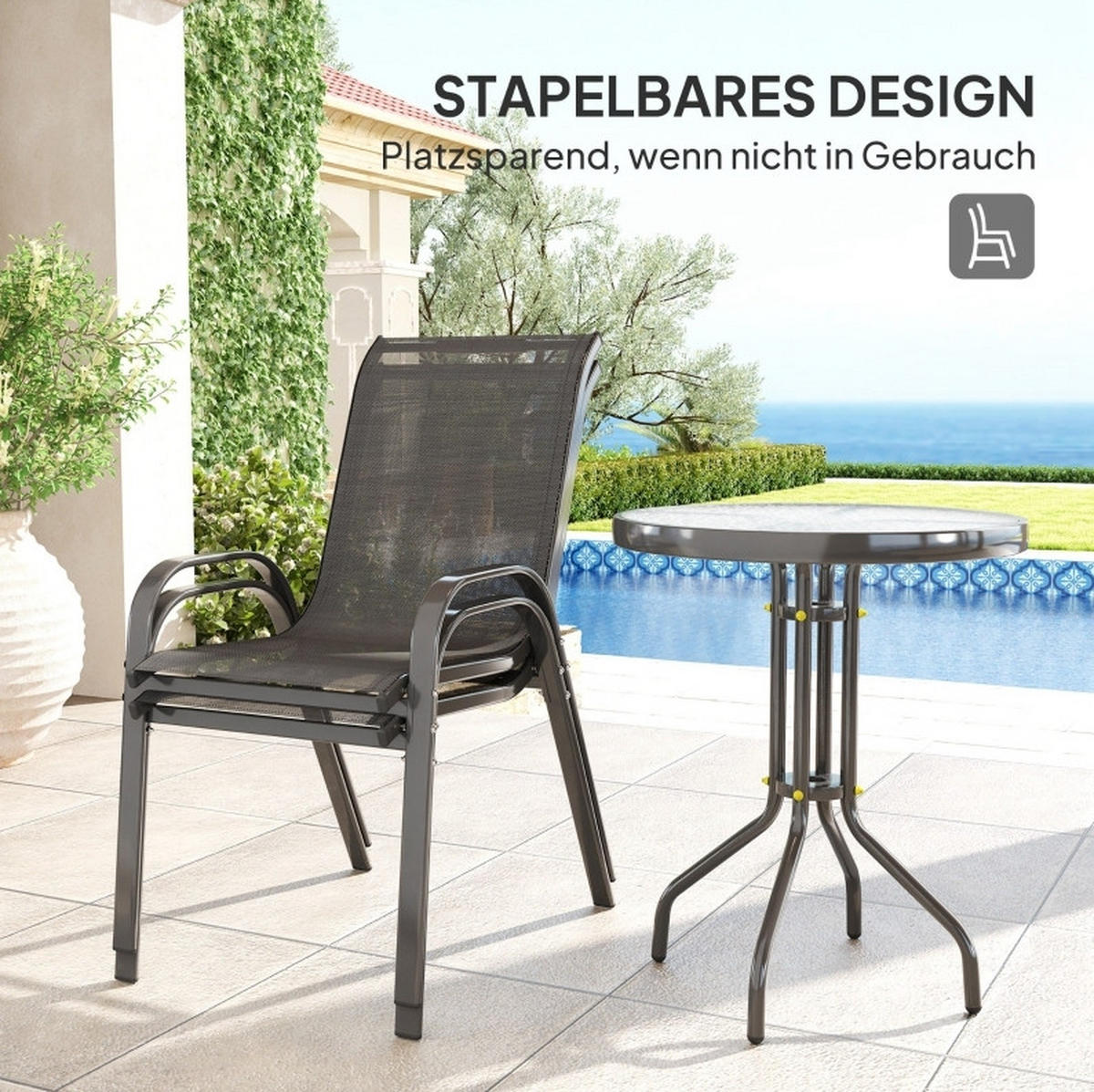 GARTENSETS aus Glas & Metall Ø60x71cm Schwarz mit stapelbaren Stühlen - Schwarz, Metall - Modfu