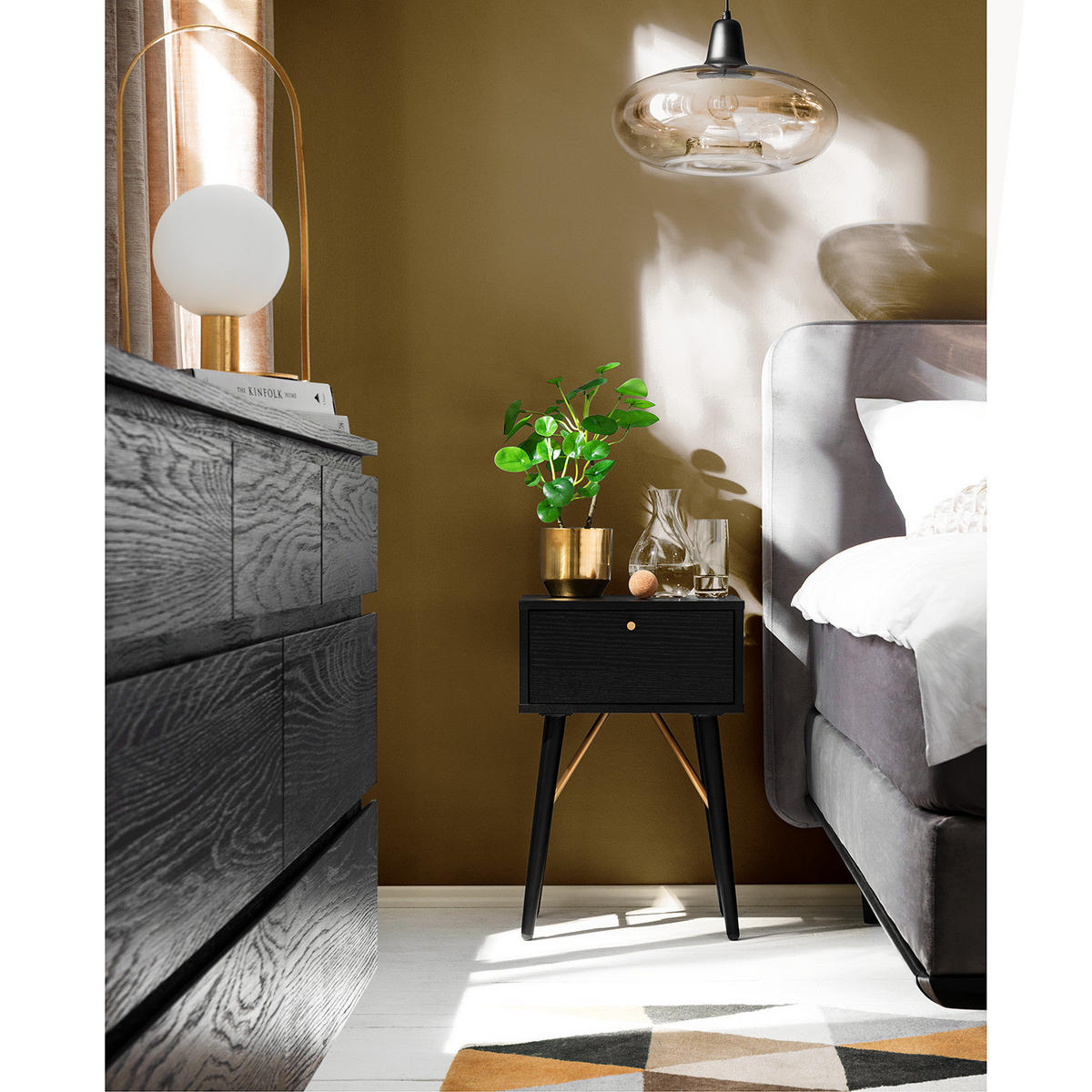 NACHTTISCH - Schwarz / Eiche, 40/60/30 cm - Schwarz, Holzwerkstoff (40/60/30cm) - home24