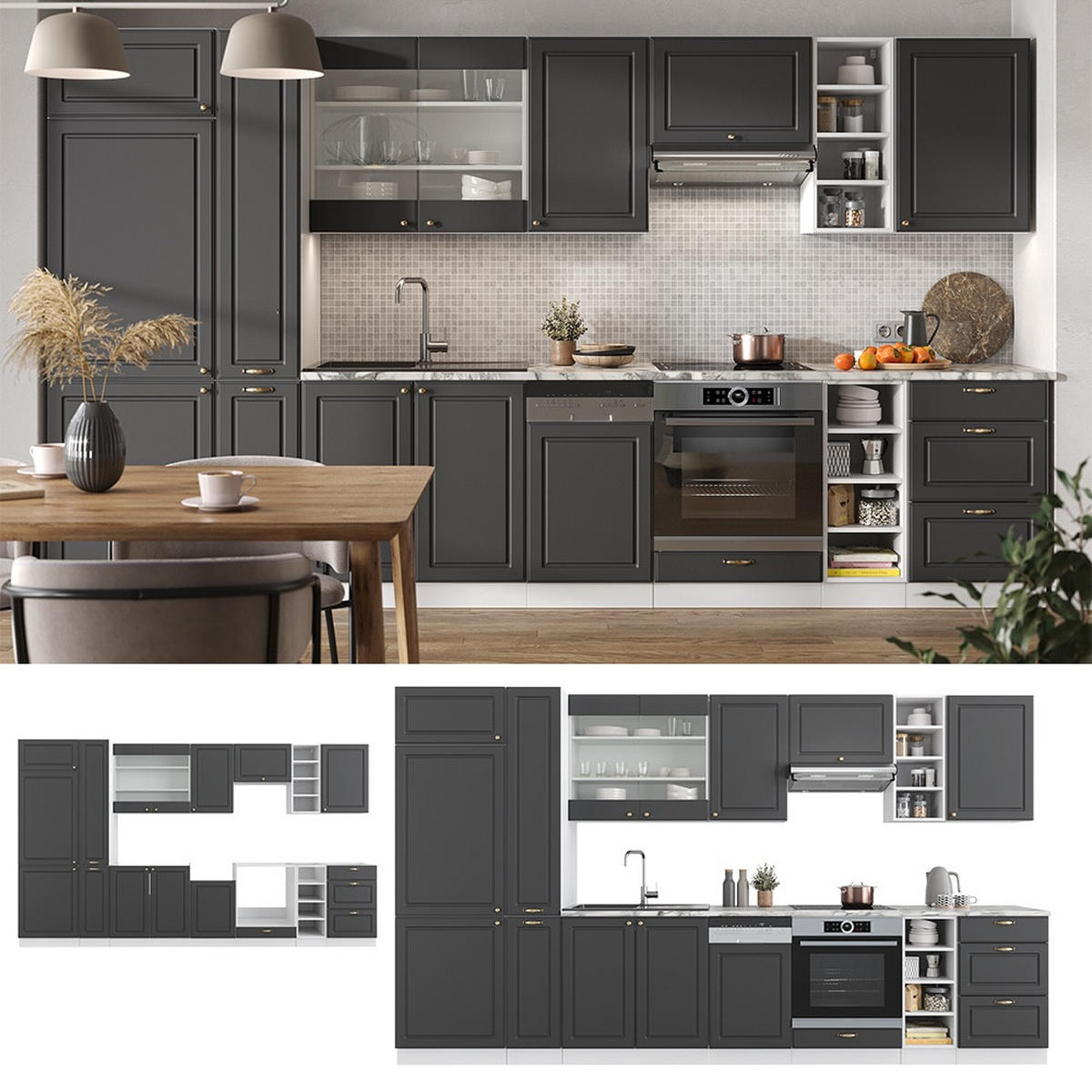 KUHINJSKI BLOK Fame-Line Antracit-zlata/bela 355 cm , DP Antracit - bela/antracit, leseni material (355/81.6/60cm) - Vicco