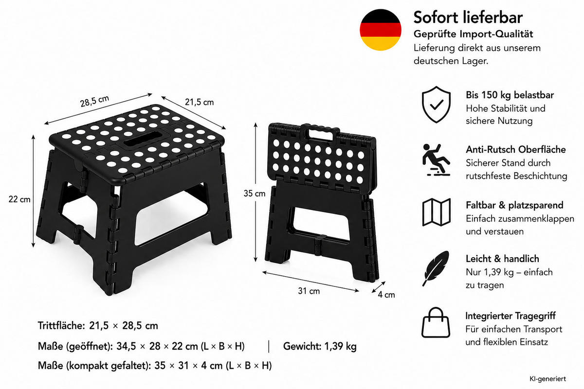 KLAPPHOCKER faltbar mit Anti-Rutsch Beschichtung, Tritthocker H 22 cm bis 150 KG belastbar, Schwarz - Schwarz, Paraffin (21.5/22/28.5cm)
