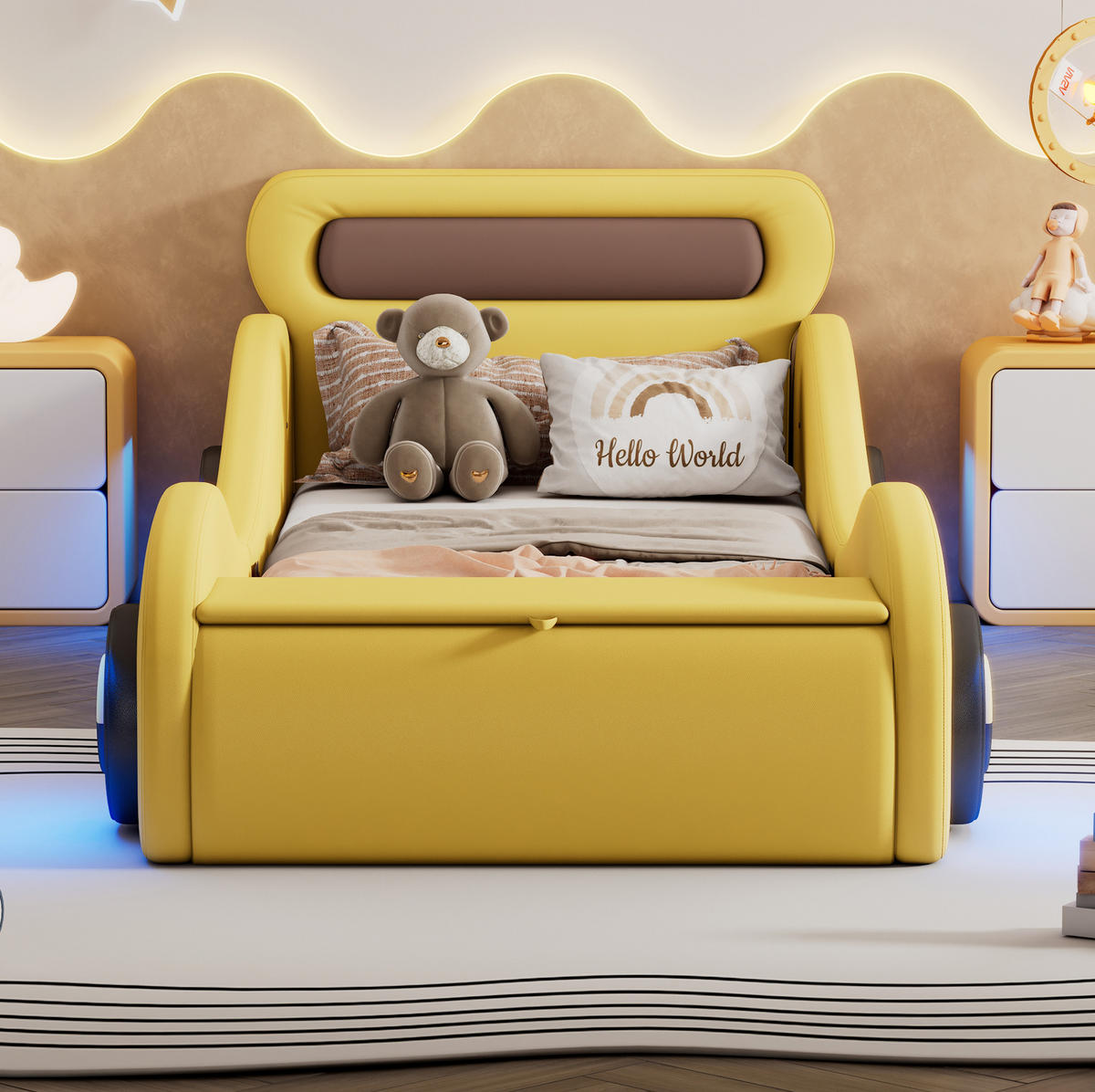 POLSTERBETT 90/200 cm gelb aus PU mit LED-Rädern und Stauraum - Gelb, Kunststoff (90/200cm) - OKWISH
