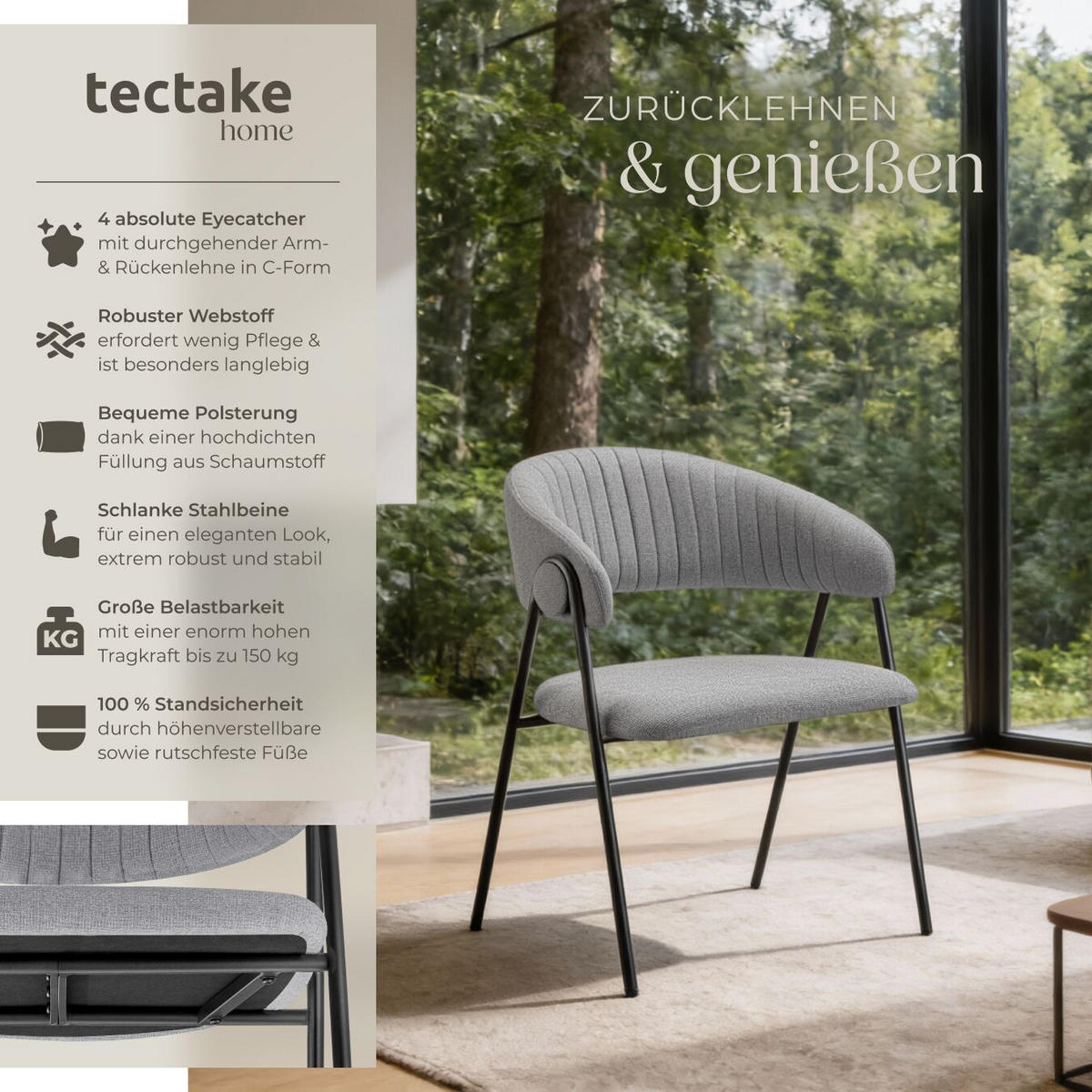 ARMLEHNSTUHL 4er Set Bedano 60 x 58 x 85 cm grau - Grau, Kunststoff (60/85/58cm) - tectake