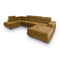 WOHNLANDSCHAFT CASONE L-S Gelb Velours-Stoff mit Schlaffunktion - Gelb, Holz (345/90/202cm) - MASSENO