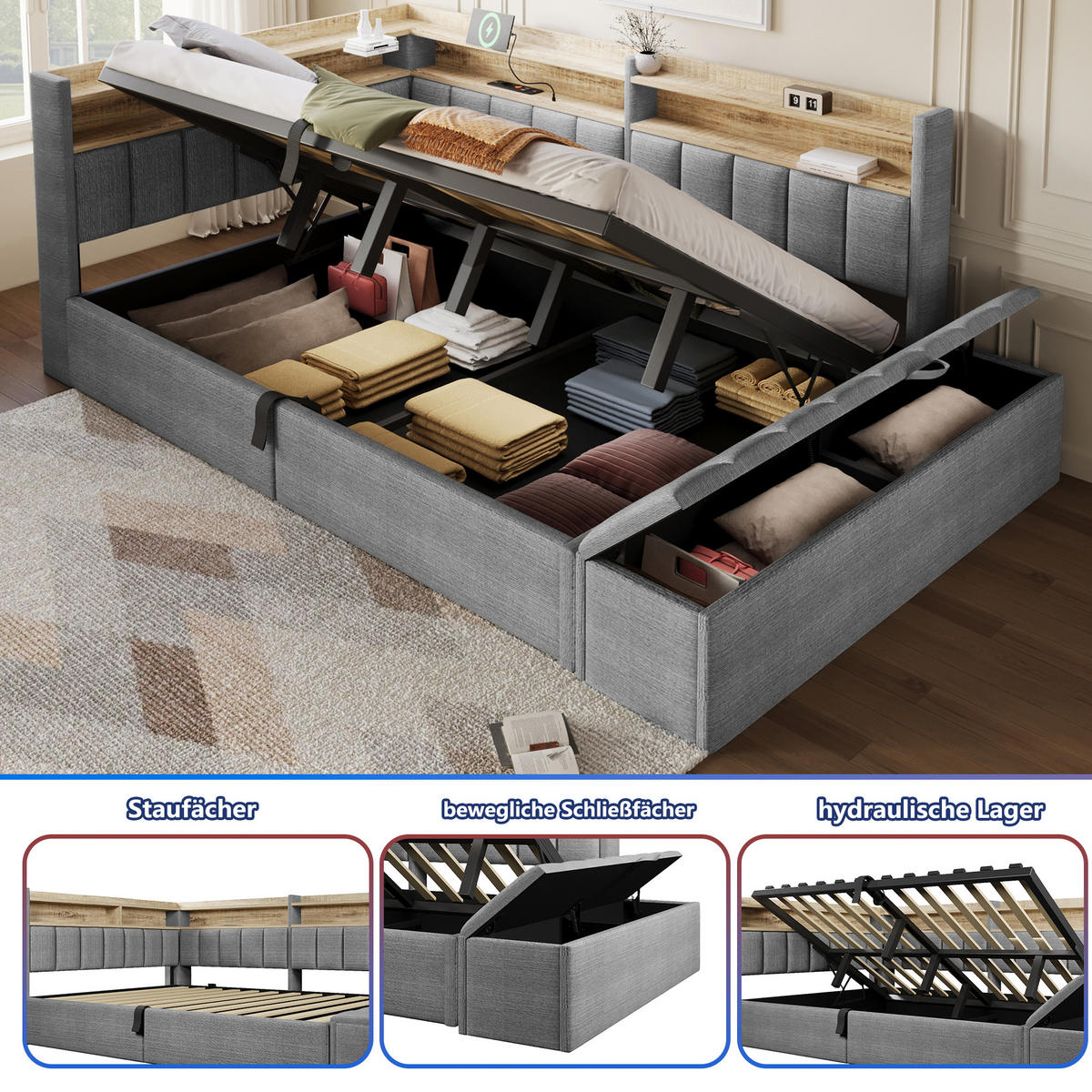 TAGESBETT 140 x 200 cm, Grau, Samt, LED, USB - Grau, Textil (140/200cm) - FLIEKS