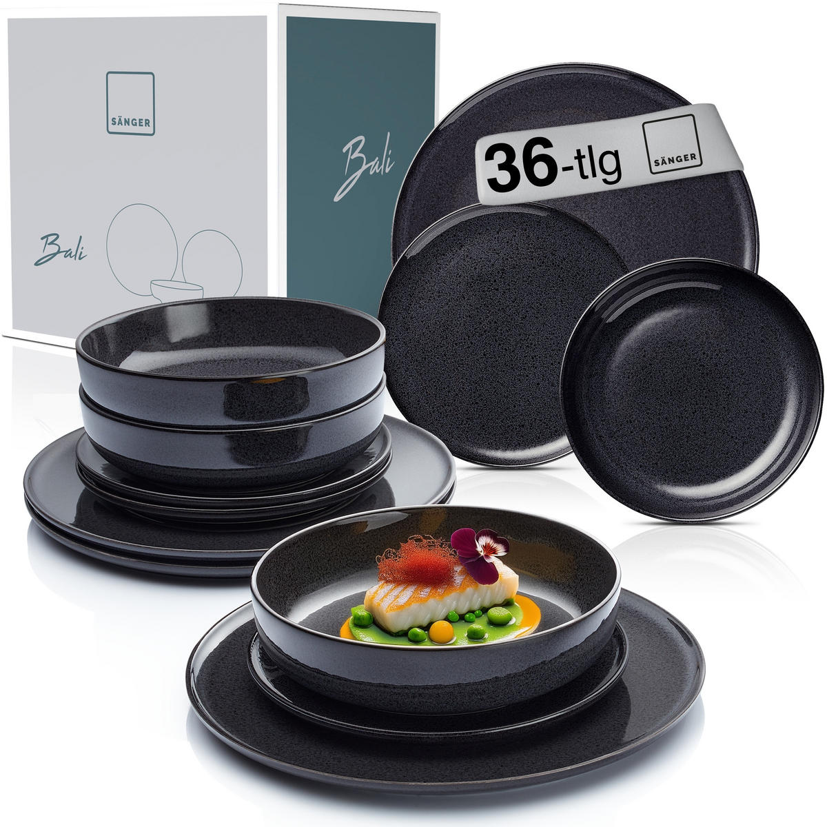 SÄNGER Steingut Geschirrset Bali, Tafelservice 36 teilig für 12 Personen - Schwarz, Keramik (27/5/27cm) - Sänger