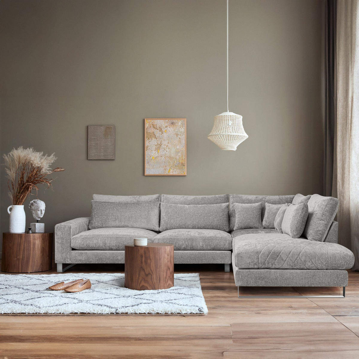 ECKSOFA RECHTS BRENTIS Chenille-Stoff, Hellgrau - Hellgrau, Textil (314/224cm) - KONSIMO®