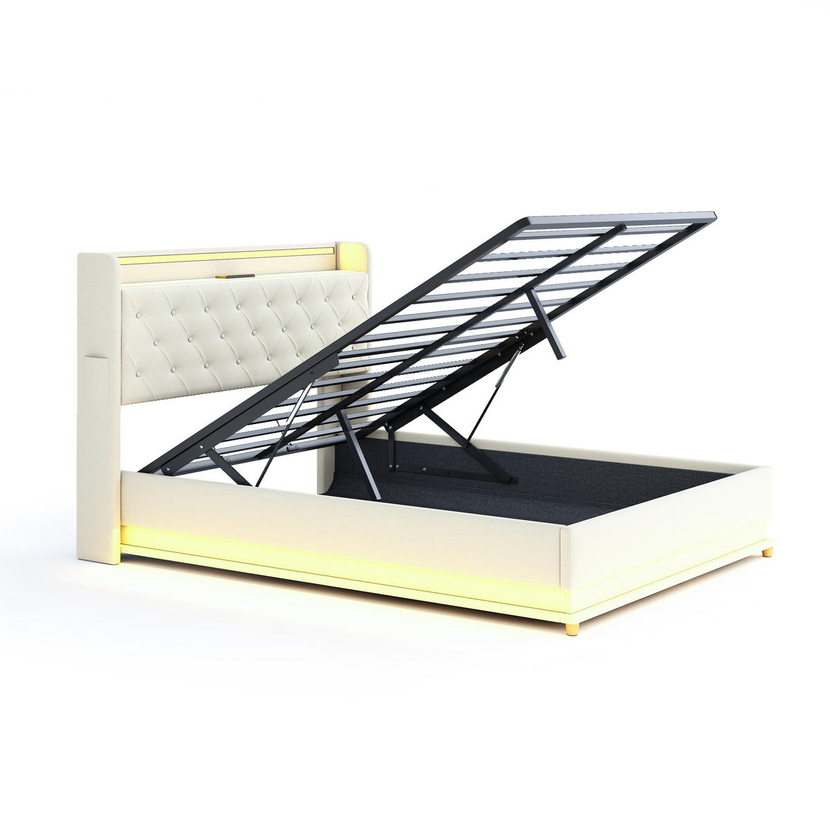 POLSTERBETT 140/200 cm in Beige Leinen mit Bettkasten, LED und USB - Beige, Holzwerkstoff/Textil (140/200cm) - WISHDOR