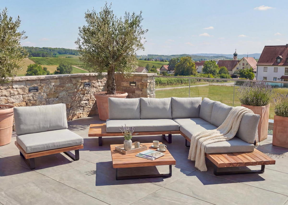 GARTEN-GARNITUR Schwarz, Braun, Hellgrau - Hellgrau/Schwarz, Holz - MCW