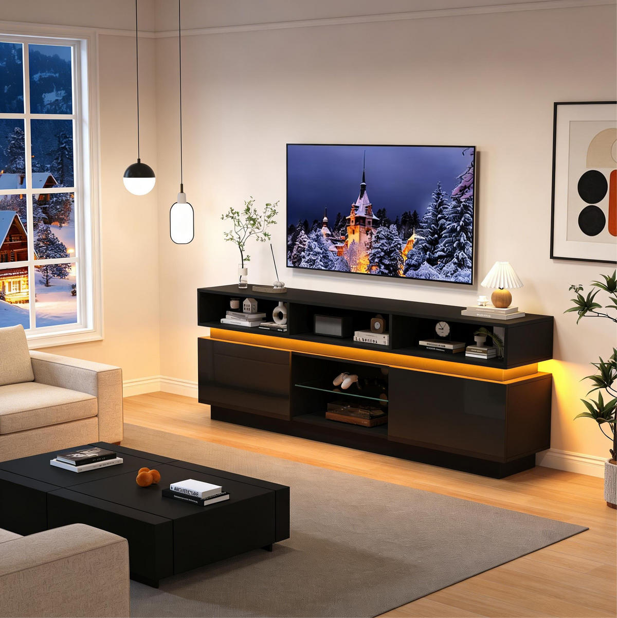 TV-ELEMENT mit LED 160 x 35 x 60 cm MDF Schwarz - Schwarz, Holzwerkstoff (35/60/160cm) - Beauniv