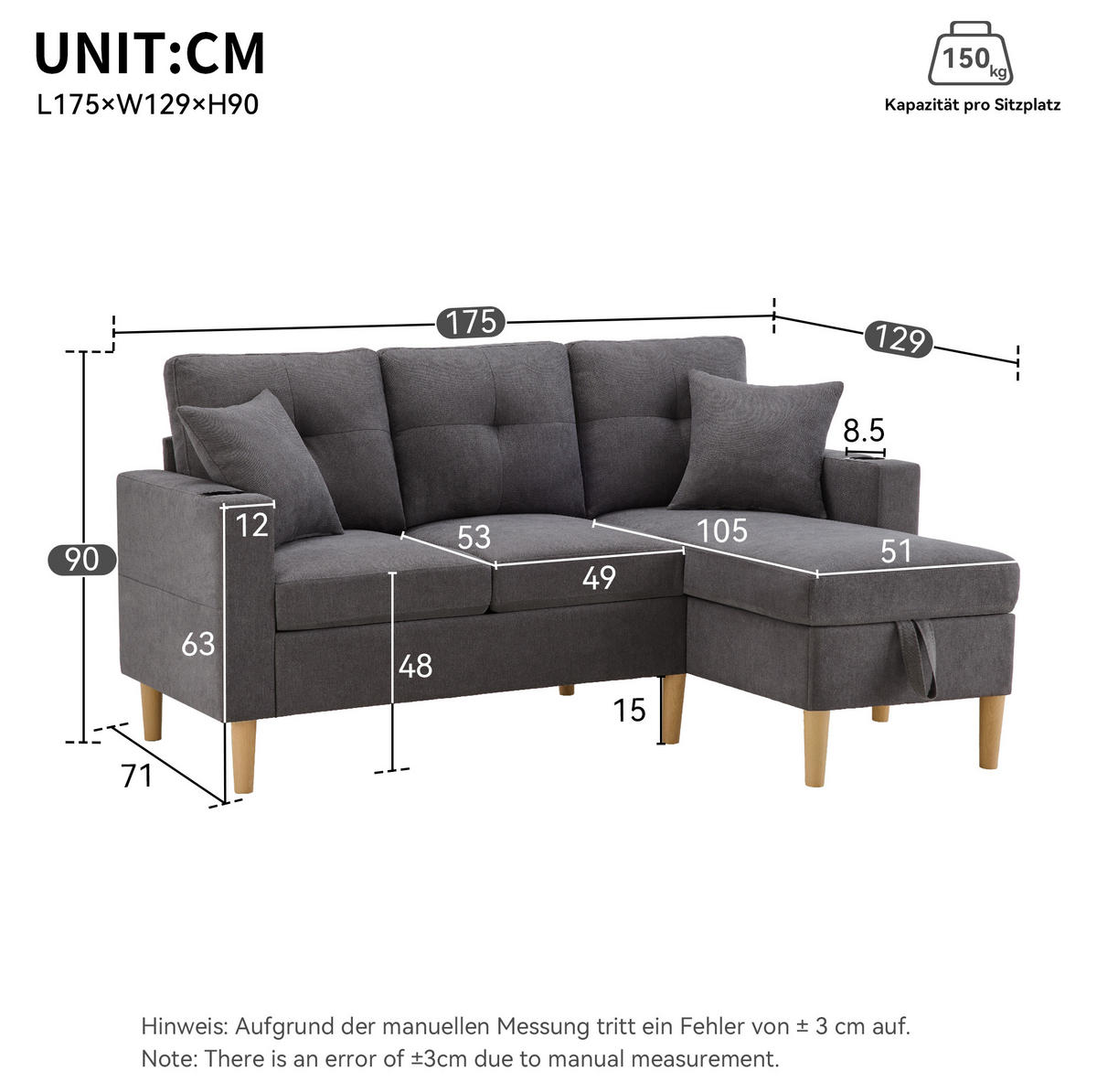 SOFA mit Chaiselongue 175x129 cm Baumwoll-Leinenstoff Dark Gray - Dunkelgrau, Textil (175/129cm) - IVMEU