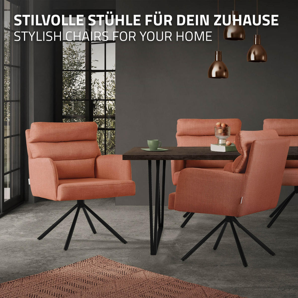 ESSZIMMERSTUHL drehbar Orange Stoffbezug - Schwarz/Orange, Textil/Metall (64.5/93/64cm) - ML-DESIGN
