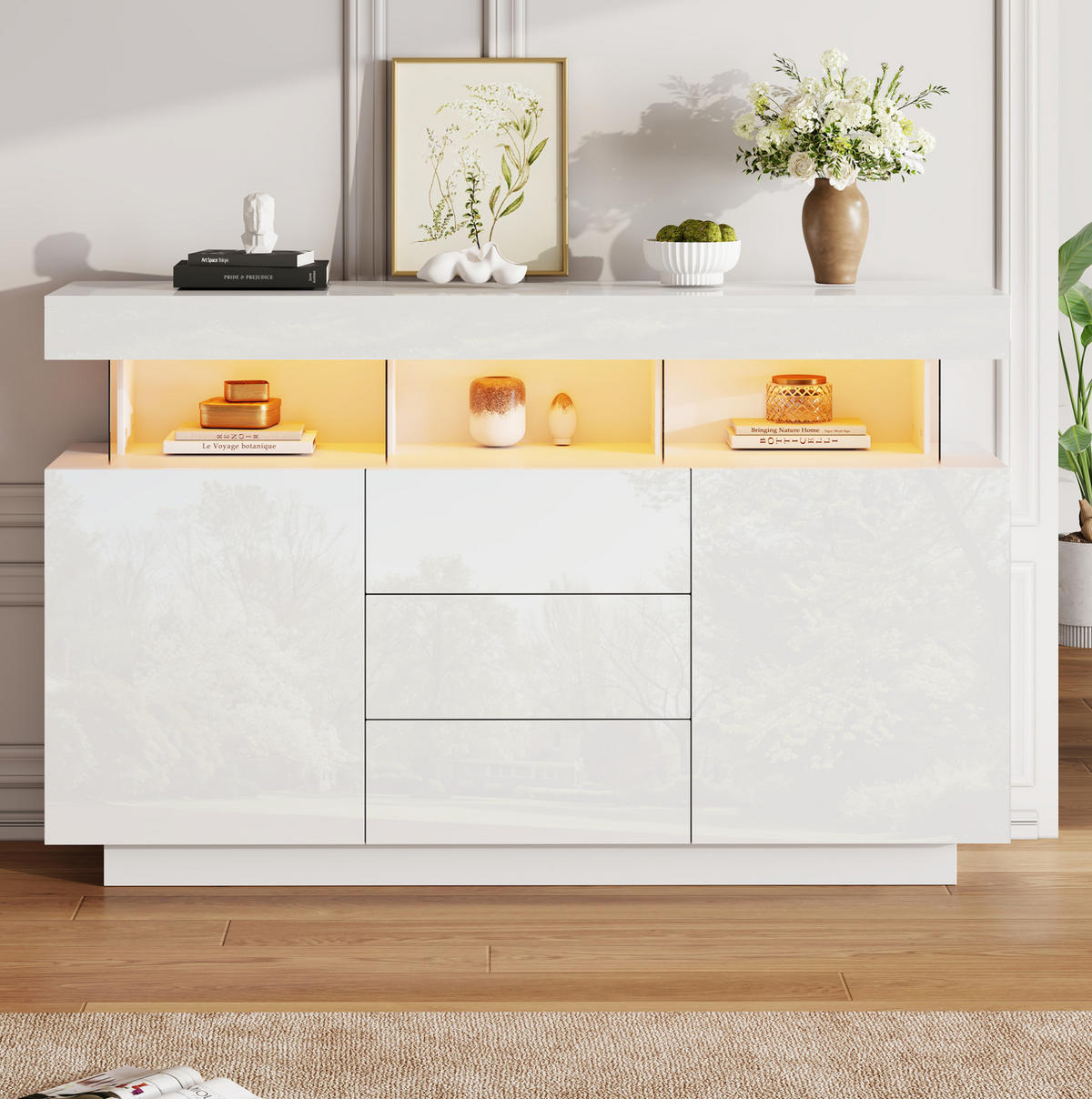 SIDEBOARD 140/35/80 cm in Weiß Hochglanz mit 3 Schubladen und LED-Beleuchtung - Weiß, Holzwerkstoff (140/80/35cm) - Flora Grace