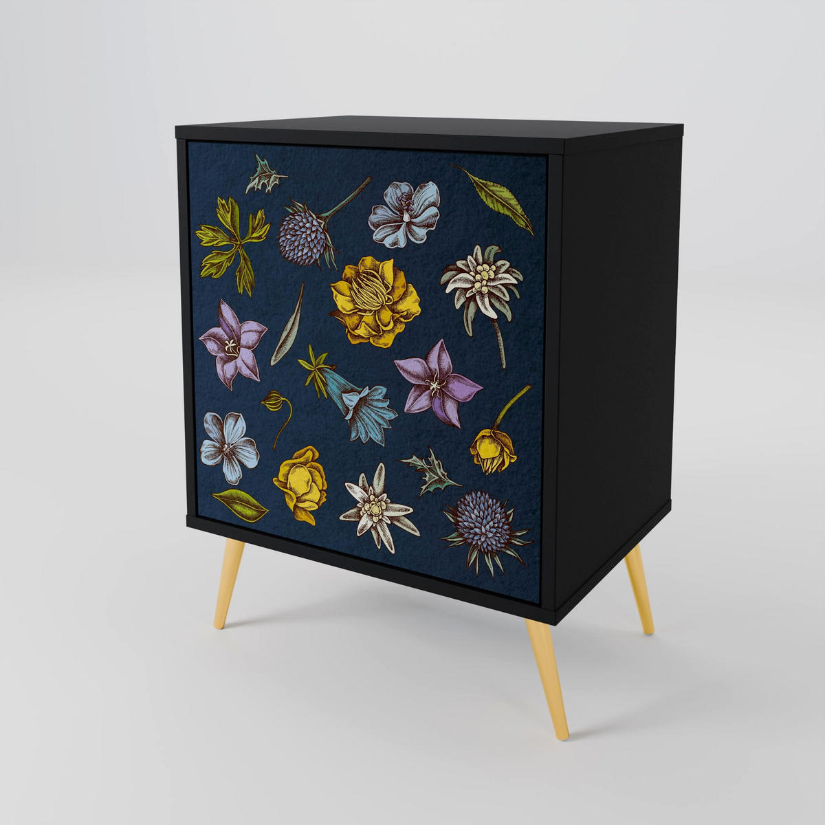 SIDEBOARD FLOWERS ON NAVY BLUE, Schwarz, 57,5x42x72,5 cm, Schwarze Metallfüße - Multicolor/Schwarz, Holzwerkstoff/Metall (57.5/72.5/42cm) - SpaceRebels