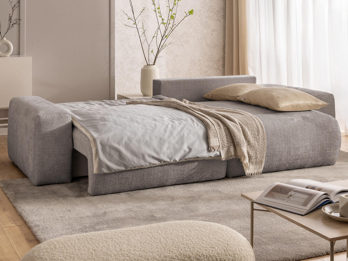 ECKSOFA Puffy mit Schlaffunktion und Bettkasten - besonders weich und puffig aus Taupe Chenille-Stoff - Ottomane rechts - Taupe/Schwarz, Holz/Kunststoff (266/138cm) - S-Style Möbel