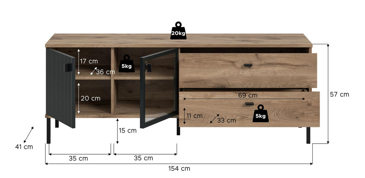 LOWBOARD Chess schwarz 154/41/57 cm - Braun, Holzwerkstoff (154/57/41cm) - Xonox