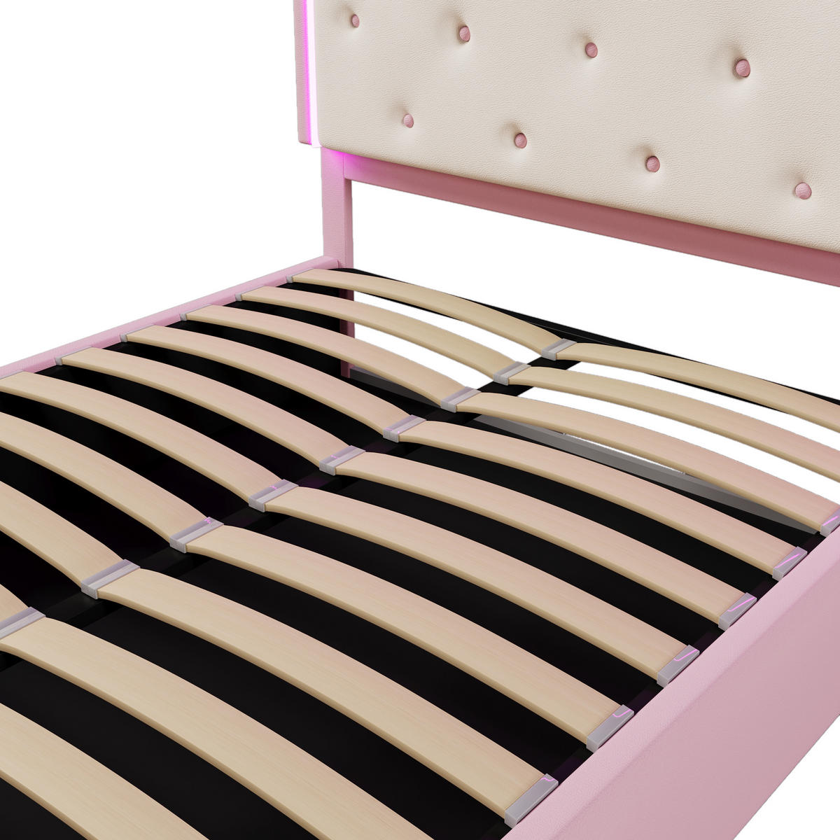 STAURAUMBETT 140/200 cm DE-04643, mit LED, Hydraulik und Kronprinzessinnen-Form in Rosa - Pink, Holzwerkstoff/Metall (140/200cm) - ComfortXL