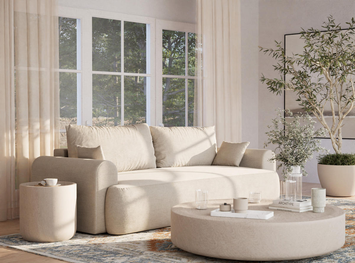 SOFA MIT SCHLAFFUNKTION Toluca Beige Chenille-Stoff - Beige/Schwarz, Holz/Holzwerkstoff (247/69/90cm) - Maison de Reve