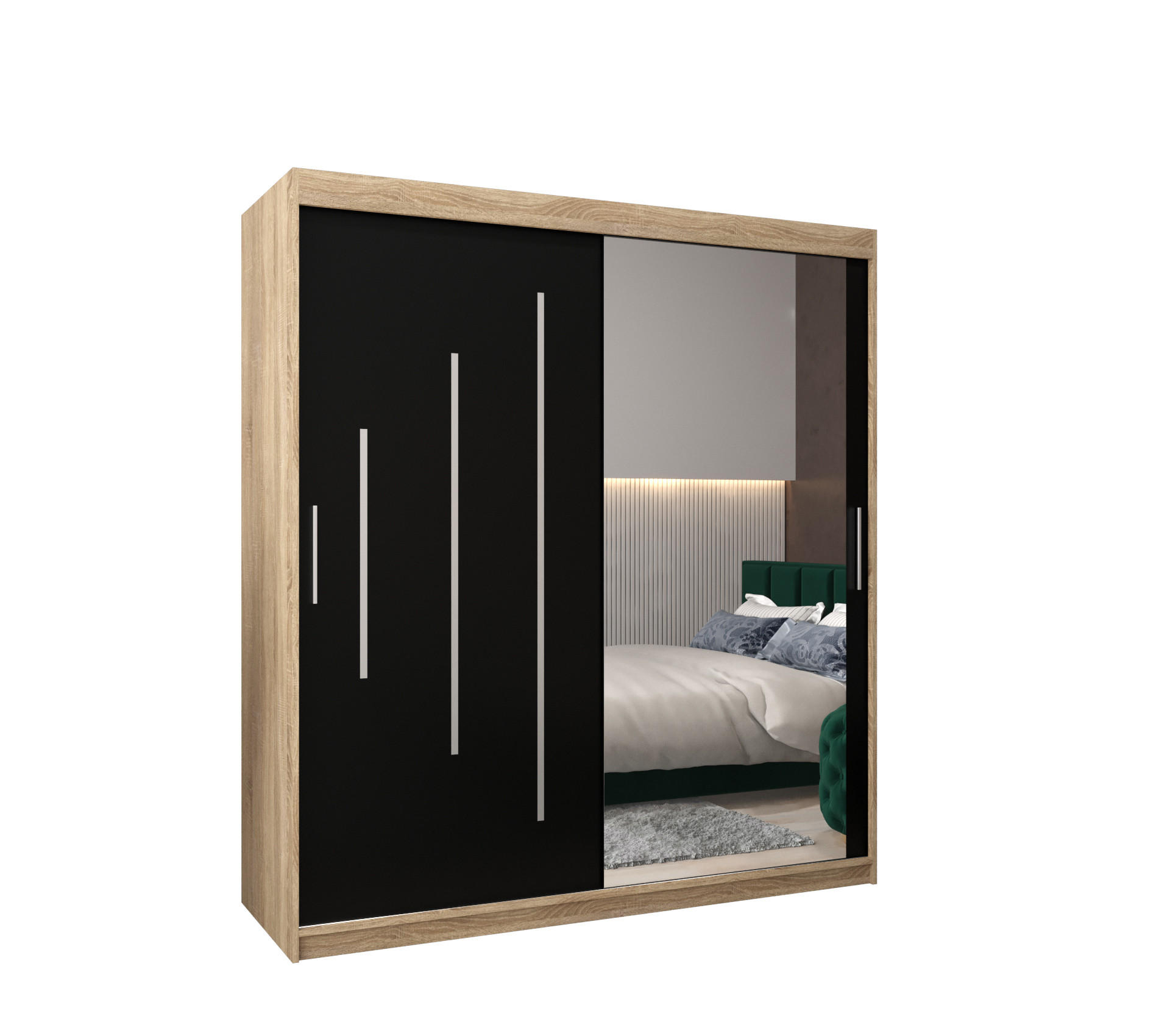 Abiks Möbel Schwebetürenschrank Sonoma Eiche, Schwarz 180x200x62 cm