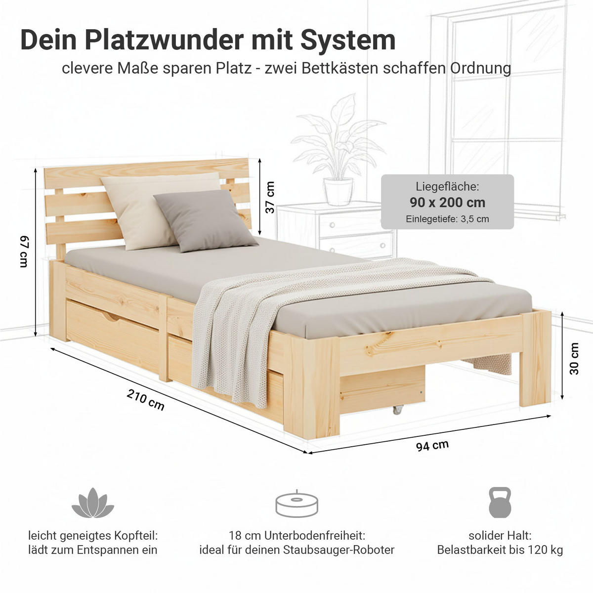 HOLZBETT mit Stauraum 90/200 cm natur - Braun, Holz (90/200cm) - Homestyle4u