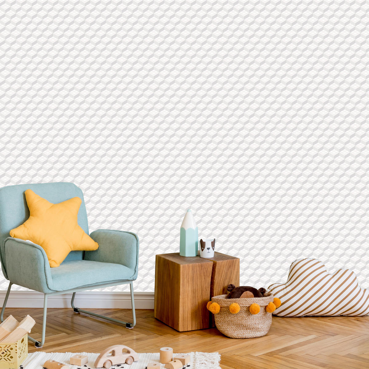 VLIESTAPETE Bausteine in 3D-Optik – Weiß, Grau – 50x1000 cm - Weiß/Grau, Papier (50/1000cm) - Muralo