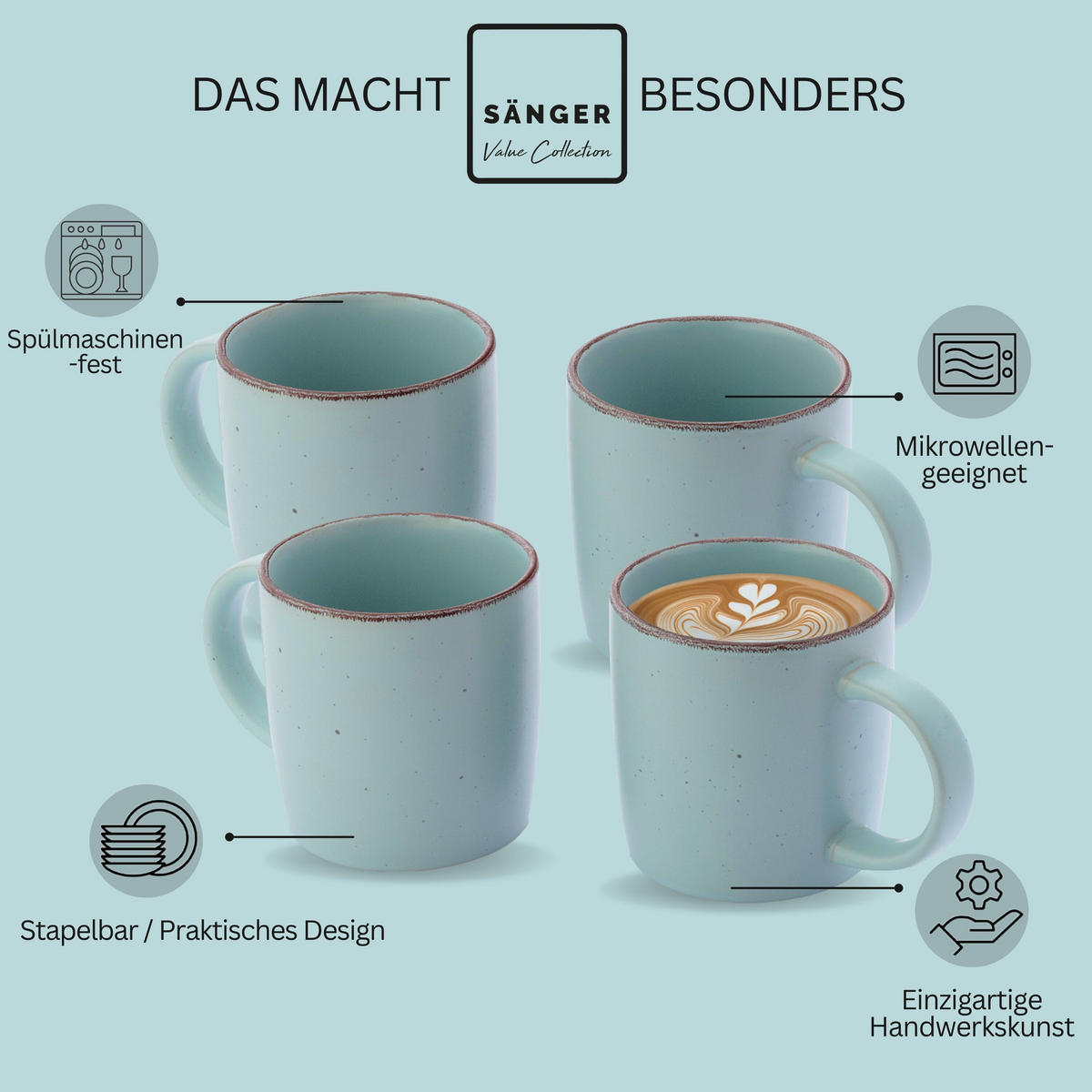 KAFFEEBECHER BOMBAY BREEZE - 4 teilig aus Steingut - Pastellblau, Stein (0.8L) - Sänger