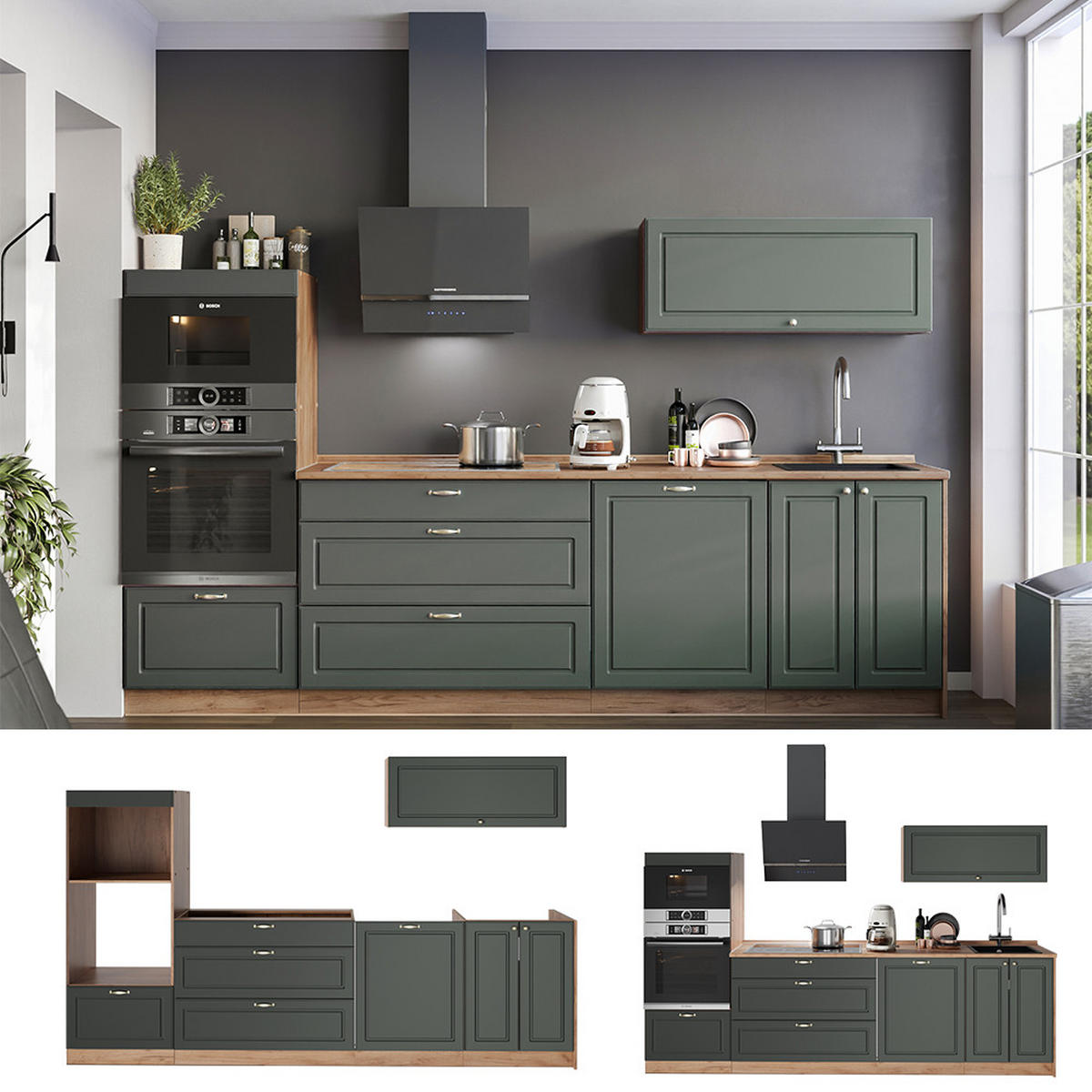 KUCHYNKA Fame-Line, Zelený a zlatý vidiecky dom/Dub Goldkraft, 280 cm, AP Marble - zelená/dub medový, kompozitné drevo (280/153.6/60cm) - Vicco