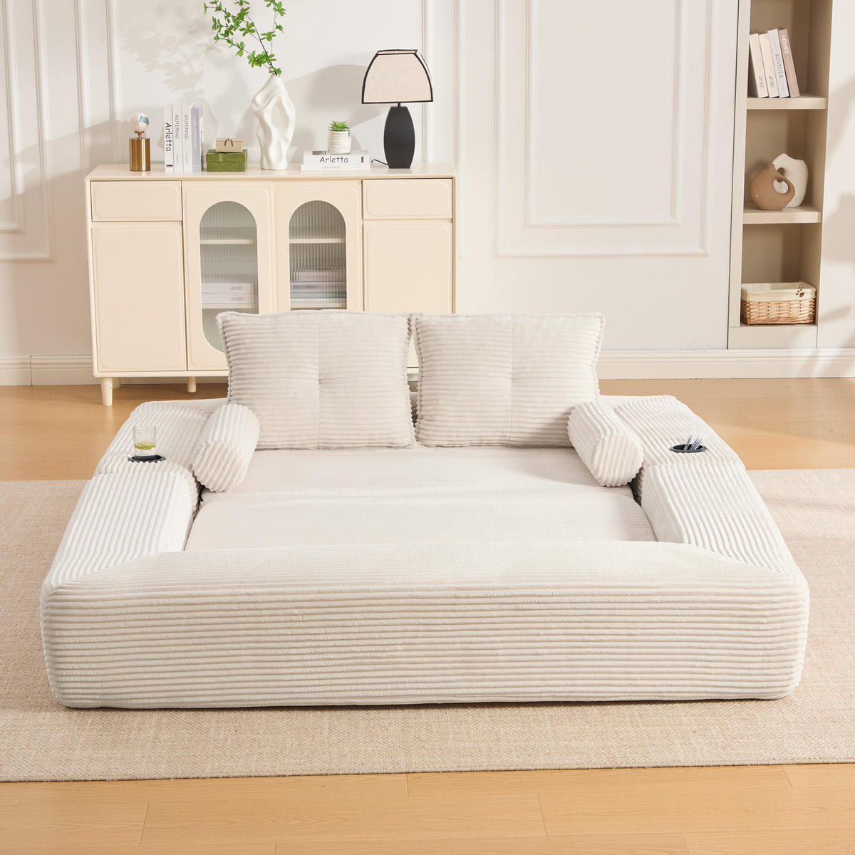 SCHLAFSOFA mit Cordbezug, Memory-Kissen, Getränkehalter und Zierkissen - Beige, Textil (180/80/98cm) - EVRYAE