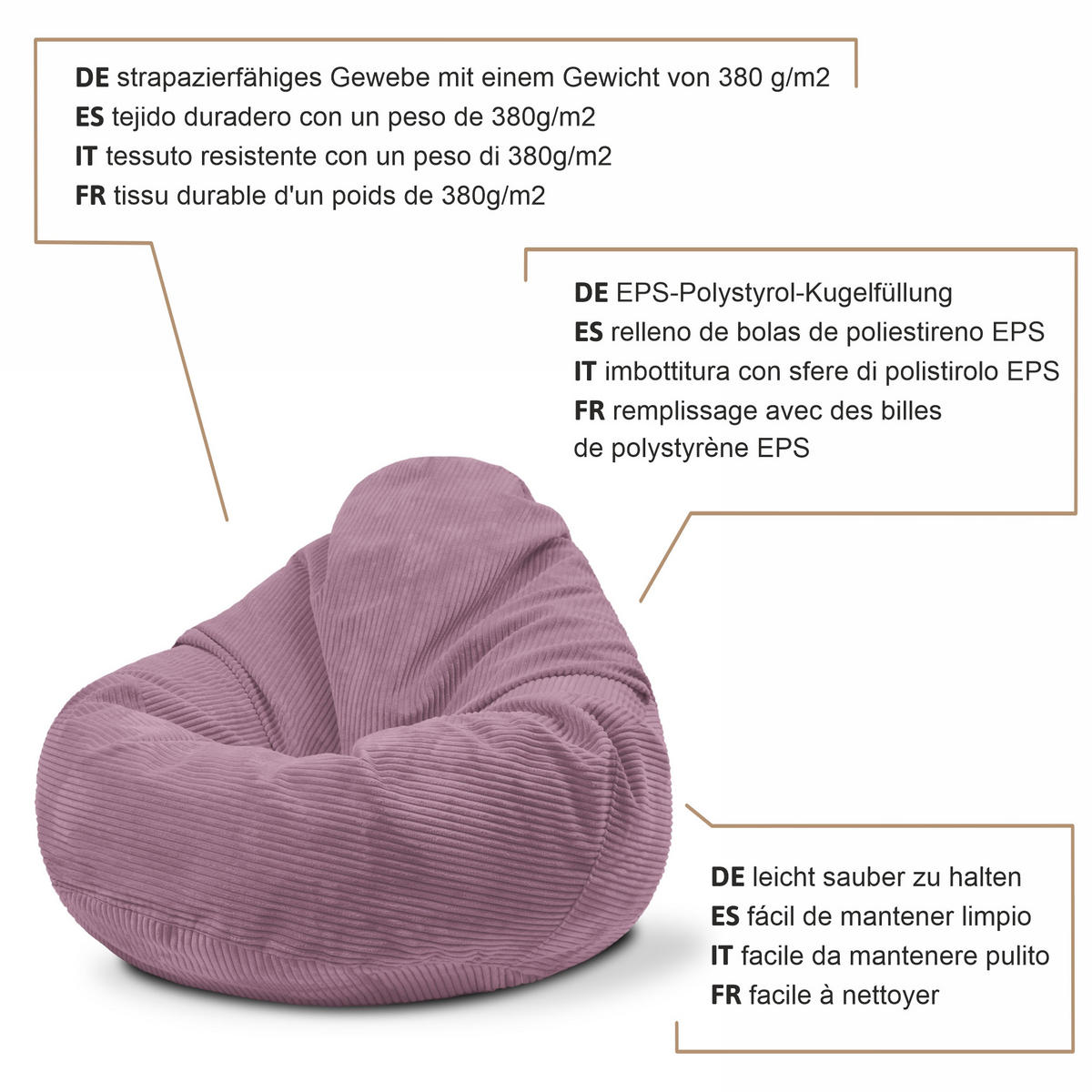 SITZSACK PARADISE MIT FUßSTÜTZE Kordsamt 2-tlg Plum Smoothie M - Violett, Textil (90/100/90cm) - Dreamroots