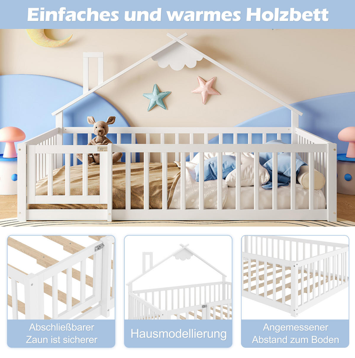 KINDERBETT 140/190 cm im Hausdesign mit Schutzgeländer und Verschluss, MDF, Weiß - Weiß, Holzwerkstoff (140/190cm) - Redom