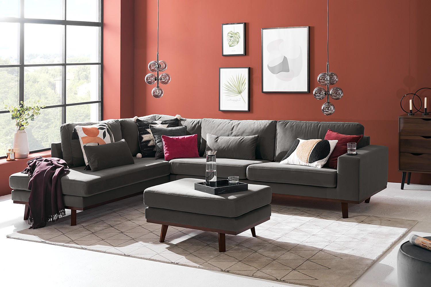 ECKSOFA mit Ottomane - Dunkelgrau/Buchefarben, Textil (287/219cm) - home24