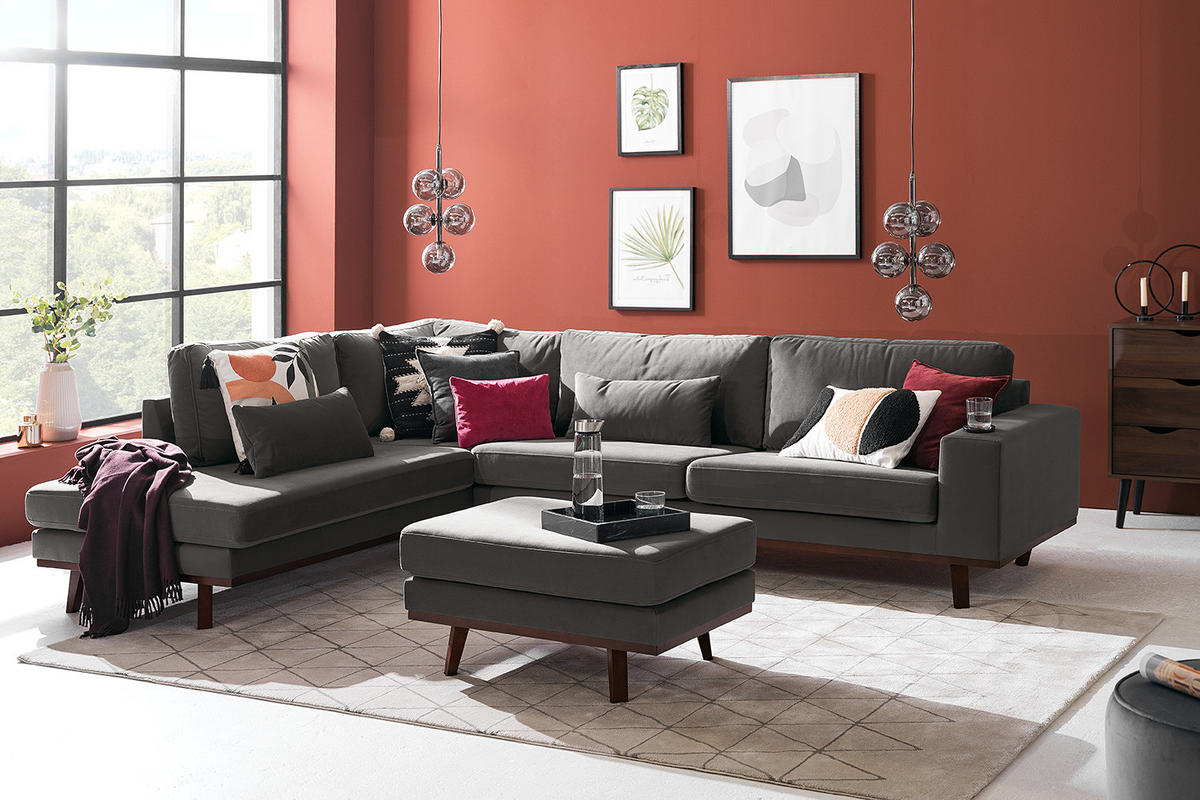 ECKSOFA mit Ottomane - Dunkelgrau/Buchefarben, Textil (287/219cm) - home24