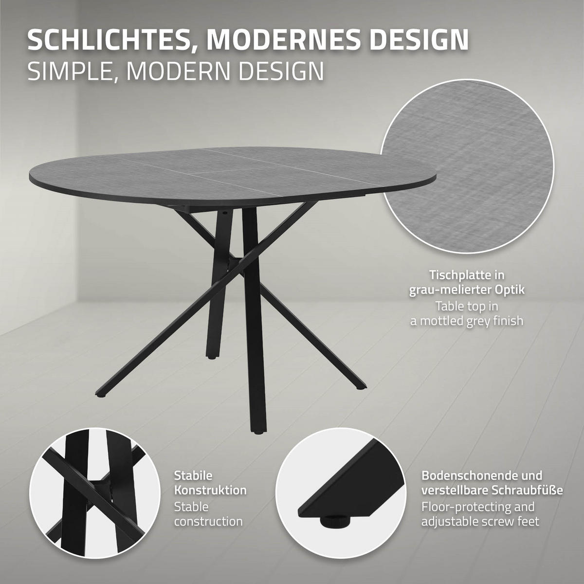 ESSTISCH ausziehbar rund Grau meliert 100-140x76x100 cm - Schwarz/Grau, Holzwerkstoff/Metall (69/69/76cm) - ML-DESIGN