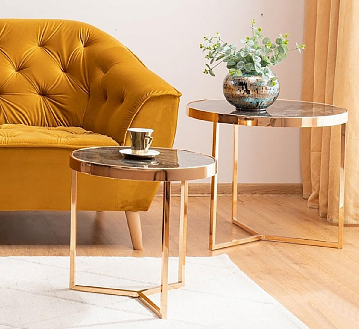 COUCHTISCH 2ER SET Delia gold / Marmor - Goldfarben/Schwarz, Glas/Holz (60/60/52cm) - Feldmann-Wohnen