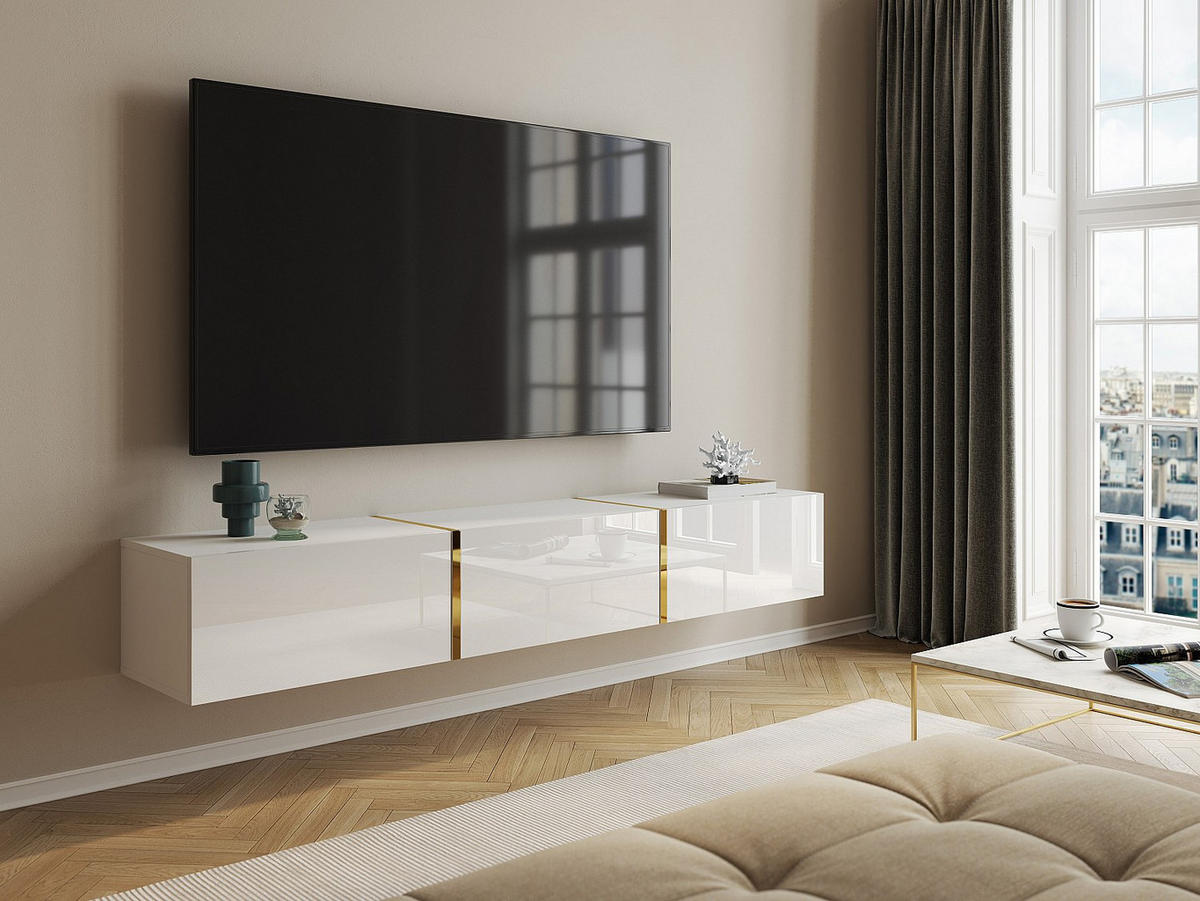 TV-HÄNGESCHRANK - 179.9 cmcm x 34.6 cmcm - Holz, Platte - Weiß, Goldfarben - MARZIALO - Weiß, Holz (179.9/27.7/34.6cm) - Vente-Unique