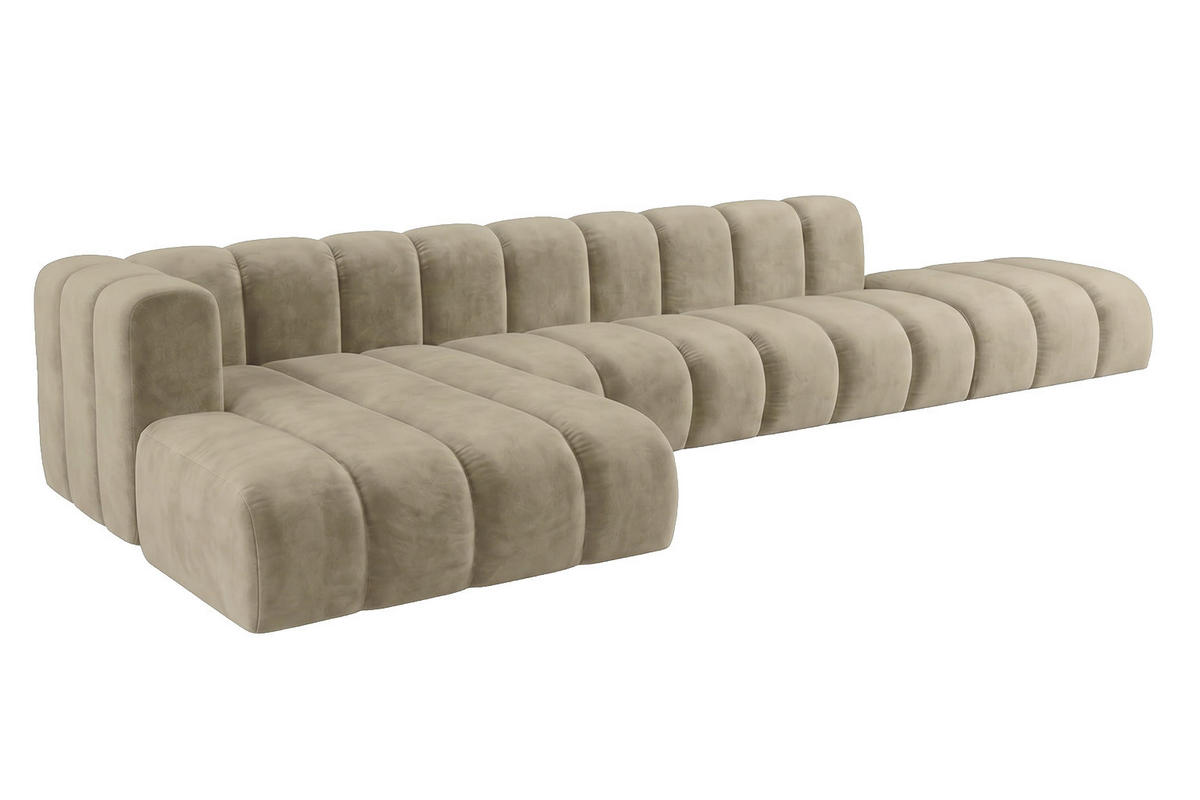 ECKSOFA Modulares In L-Form Mit Hocker, Velvet-Stoff Riviera, Beige, Links, GRAND - Beige, Holz (386/179cm) - Kaiser Möbel