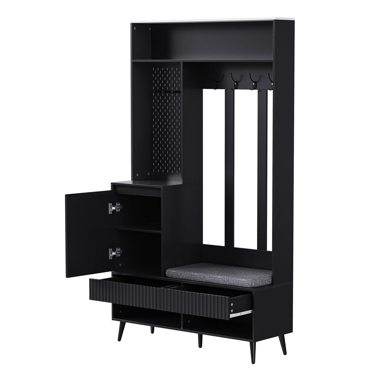 GARDEROBENSET 100/35/180 cm mit Sitzbank, 2 Schubladen, Schrank und 4 Haken aus MDF, Schwarz - Schwarz, Holzwerkstoff (100/180/35cm) - Redom