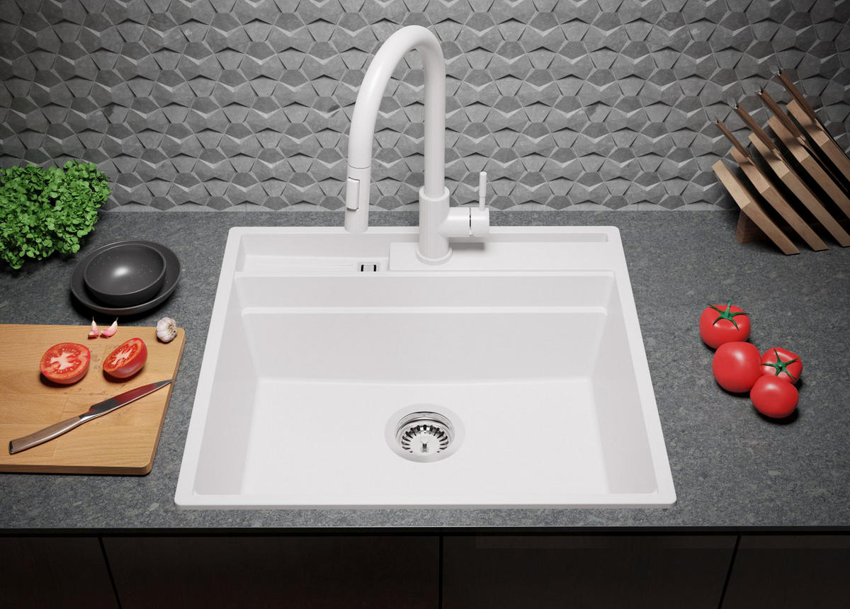 SPÜLBECKEN Oslo Pocket, 2-er set Weiß 58/53 cm 1 Becken + Ablauf-Set + Küchenzubehörset ab 60er Unterschrank - Chromfarben/Beige, Kunststoff (58/20/53cm) - Primagran